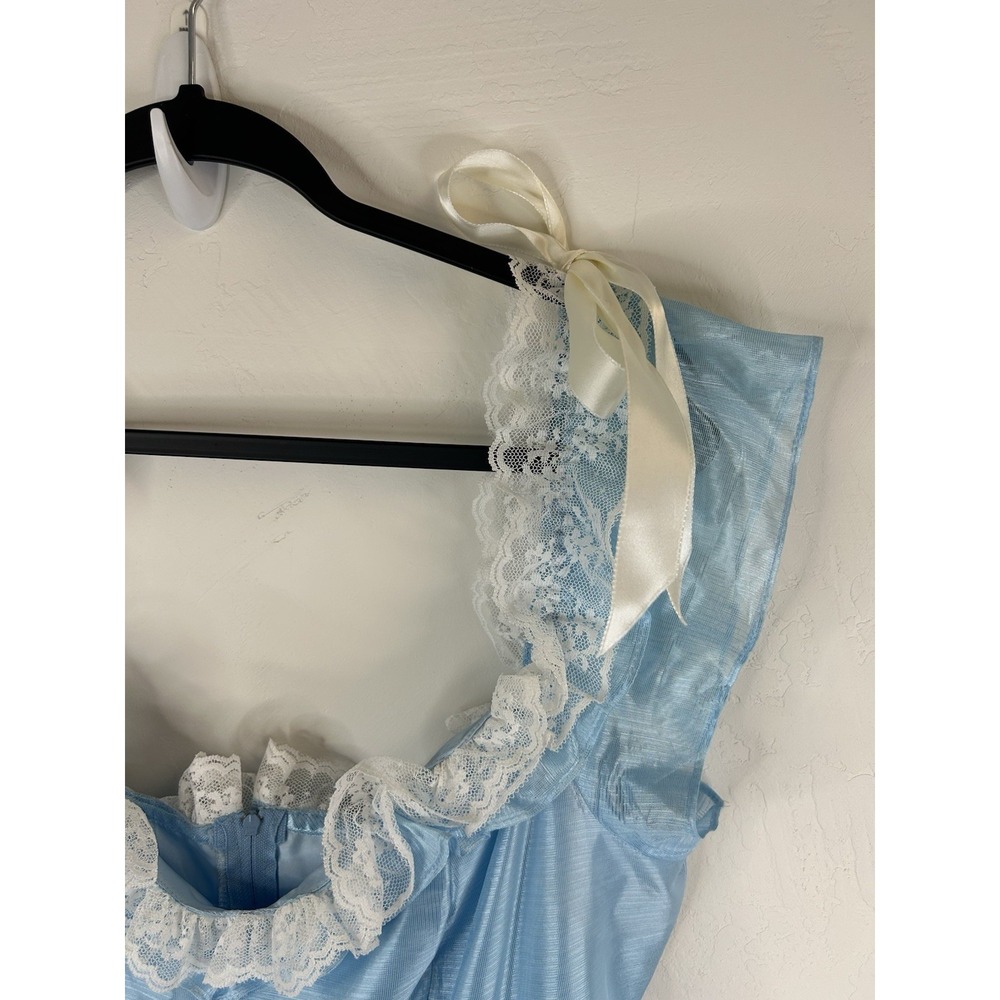 Vintage 70s Formal Blue Satin Gown Lace Trim Bows Princess Theatrical Costume - Picture 6 of 14